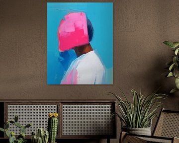 Abstract portret in roze en blauw van Carla Van Iersel