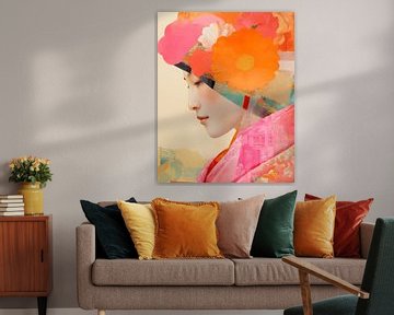 Portret van een Aziatische vrouw in collage stijl van Carla Van Iersel
