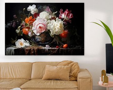 Nature morte de grandes fleurs colorées dans un vase noir sur Digitale Schilderijen
