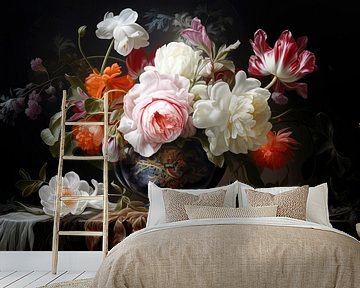 Still life large coloured flowers in black vase by Digitale Schilderijen