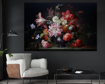 Stilleven bloemen zwarte vaas van Digitale Schilderijen