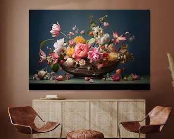 Bloemen in houten vaas stilleven van Digitale Schilderijen