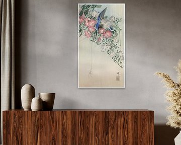 Ohara Koson - Chinese trumpet vine, Siberian bluethroat and spider (edited) by Peter Balan