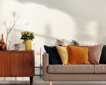 Two cats on a wall in the autumn fog by Karina Brouwer