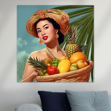 Asiatische junge Frau aus den 1940er Jahren mit Obstkorb