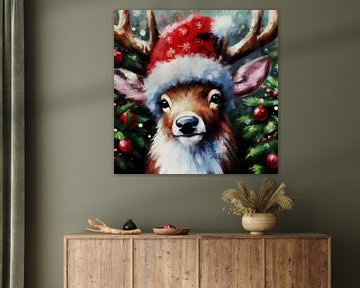 Collection Noël | Rudolph | Renne avec bonnet de Père Noël rouge