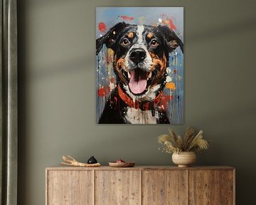 Portrait de chien de style Banksy avec collier rouge sur Bianca Bakkenist
