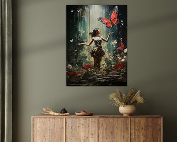 Banksy Style Girl with the Red Butterfly van Bianca Bakkenist