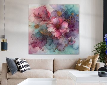 Botanical Brilliance X I Botanical Beauty Abstract watercolour in pink, purple, turquoise and gold by MadameRuiz