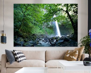 Forest Serenity: Waterfall and Stream Photo with Rocks, Overhanging Tree, and Lush Greenery by Martijn Schrijver