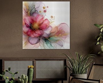 Botanical Brilliance XI / Botanische Schoonheid Abstracte bloemen aquarel / alcohol inkt in roze, paars, turquoise, goud en wit