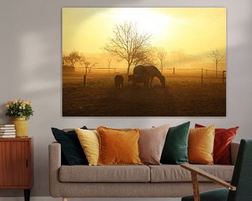 Golden Morning Bliss: Bright Yellow Sunrise with Horses and Morning Dew Photograph by Martijn Schrijver