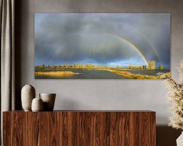 Regenboog tijdens een herfstbui boven de IJssel