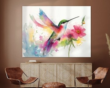 Abstract Kolibri in aquarel kleuren.