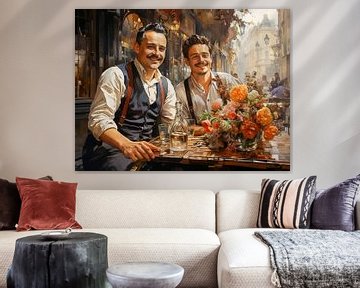 Two smiling men from the 1920s in a cafeteria on the European town square by Animaflora PicsStock