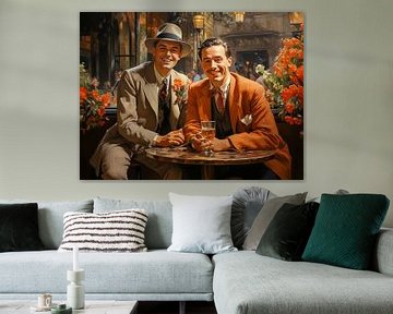 Deux hommes d'affaires souriants des années 1920 dans une cafétéria de la place européenne de la ville sur Animaflora PicsStock