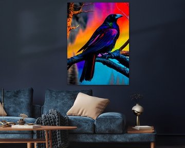 Kleurrijk kunstschilderij van een regenboogkraai van A.D. Digital ART