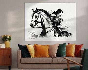 Mongolische Reiterin - Schwarz-Weiß Illustration von A.D. Digital ART
