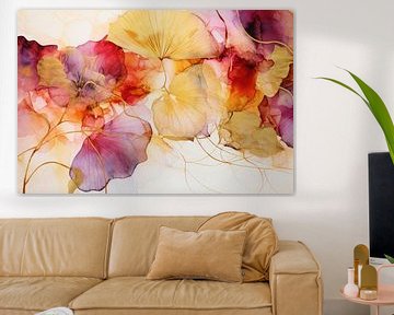 Watercolour abstract rendering of leaves in vibrant hues