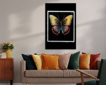 Vintage Postage Stamp - Yellow Red Butterfly black background