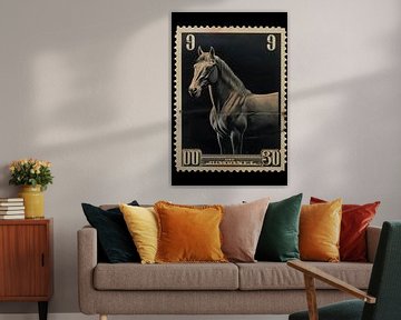 Cheval noir sur timbre - Parfait pour le mur sur Digitale Schilderijen