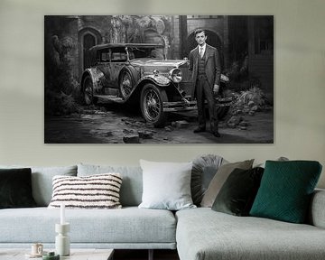 Onafhankelijke Amerikaanse zakenman met een Amerikaanse auto uit de jaren 1920 van Animaflora PicsStock
