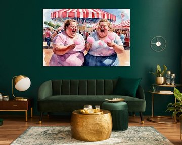 2 gezellige dames op de kermis met een suikerspin van De gezellige Dames