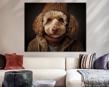 Portrait d'un chien en pull d'hiver avec un chapeau sur Vlindertuin Art