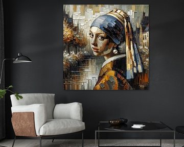 Modern meisje met de parel I Johannes Vermeer impasto van René van den Berg