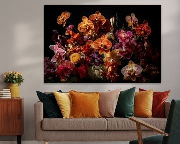 Een weelderige en uitbundig arrangement van orchideeën en wilde bloesems van Marc van der Heijden • Kampuchea Art