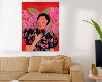 Kleurrijk portret Vrouw met Tulpen van Caroline Bonne Müller