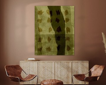 Modern abstract art in mustard on dark seaweed green by Dina Dankers