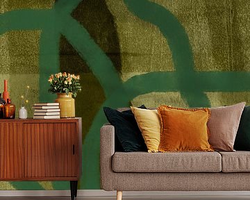 Modern abstract art in emerald green on seaweed green by Dina Dankers