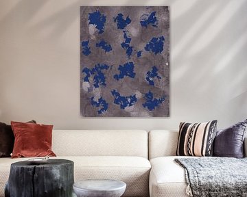 Modern abstract art in royal blue on warm grey and white by Dina Dankers