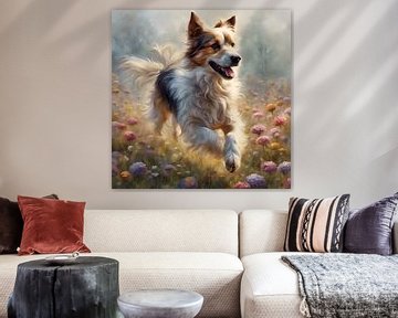 Hamiltonstovare hond speelt in een bloemenveld van Johanna's Art