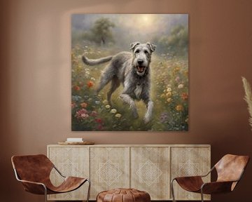 Irish Wolfhound jouant dans un Flowerfield 2 sur Johanna's Art