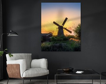 Vliegende vogels rond een windmolen van Arda Acar