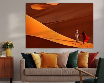 Hot Desert Romance - Marche des nomades au coucher du soleil sur Karina Brouwer