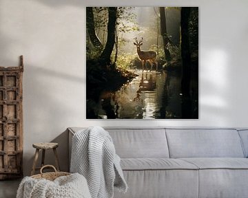 Das magische Waldlicht - Damhirsche im malerischen Waldsonnenschein von Karina Brouwer