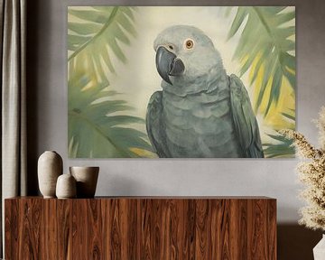 African grey parrot surrounded by leaves by Whale & Sons