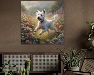 Japanischer Terrier spielt in einem Blumenfeld von Johanna's Art