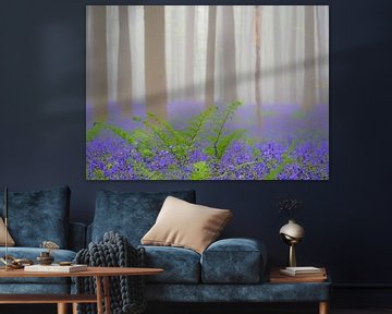 Bluebell wilde hyacinten bloemen en varens in een beukenbos met vroege ochtendmist van Sjoerd van der Wal