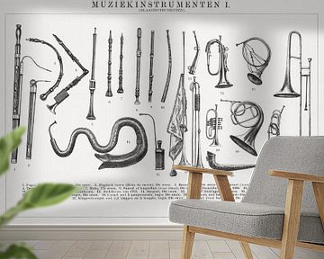 Antieke gravure Muziekinstrumenten I van Studio Wunderkammer
