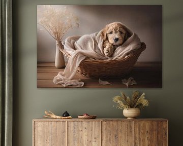 Puppy in a wicker basket by Ellen Van Loon
