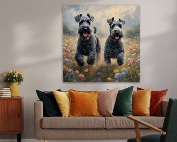 Kerry Blue Terrier jouant dans un champ de fleurs sur Johanna's Art