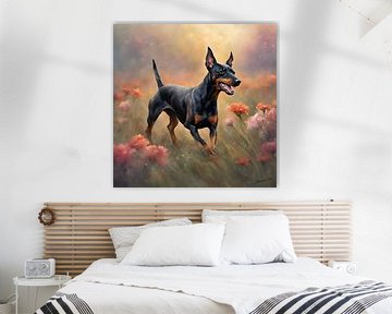 Manchester Terrier spelend in een bloemenveld van Johanna's Art