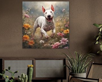 Bull Terrier miniature jouant dans un champ de fleurs sur Johanna's Art