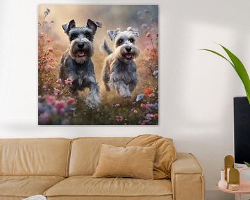 Schnauzer miniature jouant dans un champ de fleurs sur Johanna's Art