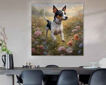 Rat Terrier spelend in een bloemenveld van Johanna's Art