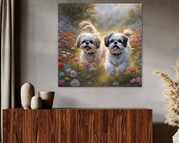 Shih Tzu jouant dans un champ de fleurs sur Johanna's Art